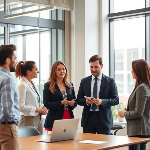Diverse group of professionals in a modern office setting discussing business strategies