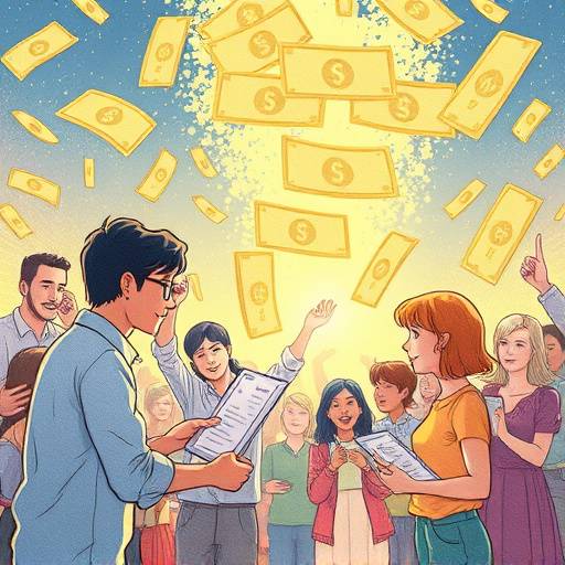 Illustration of people receiving payments and paychecks