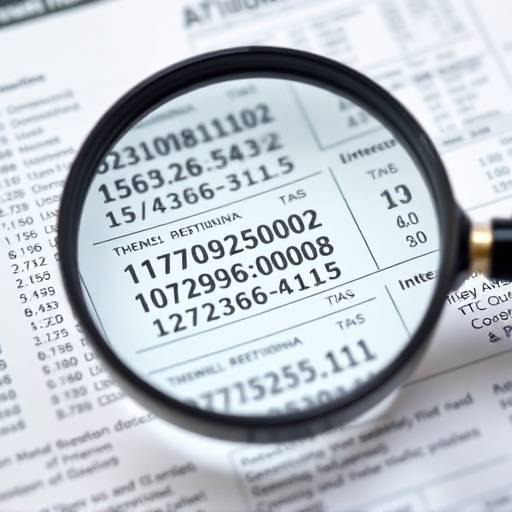 Magnifying glass examining a complex financial document with numbers and symbols