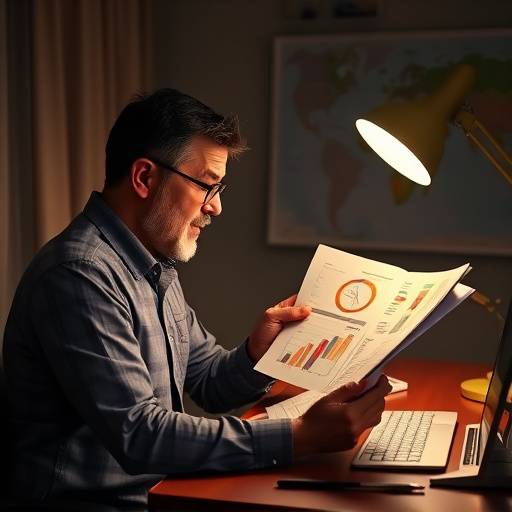 Man reviewing financial reports at a desk with charts and graphs