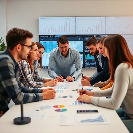 Team collaborating around a table with financial charts and digital screens